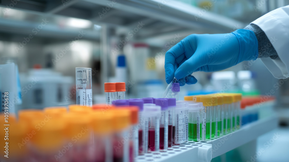 Technician in a laboratory organizing test tubes filled with colorful samples during a scientific experiment Technician in a laboratory organizing test tubes filled with colorful samples during a scientific experiment