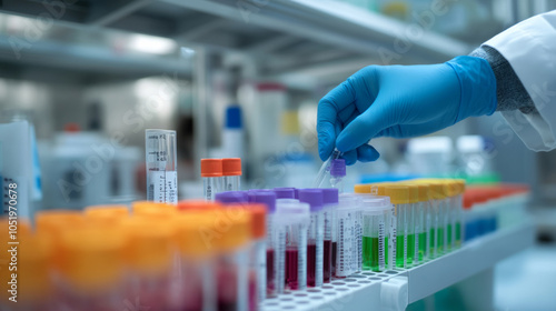 Technician in a laboratory organizing test tubes filled with colorful samples during a scientific experiment