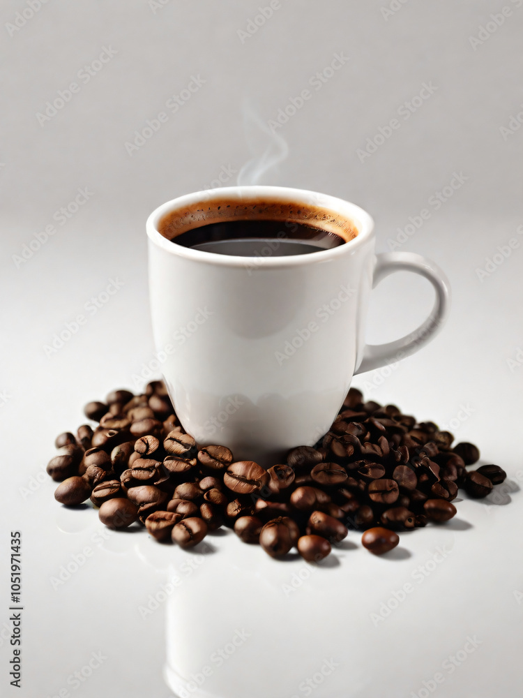 Fototapeta premium A steaming cup of coffee surrounded by scattered coffee beans.