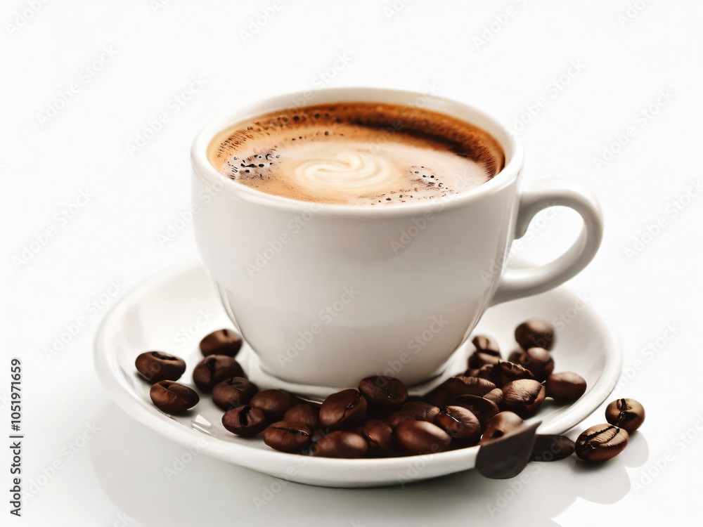 A steaming cup of coffee surrounded by scattered coffee beans. A steaming cup of coffee surrounded by scattered coffee beans.