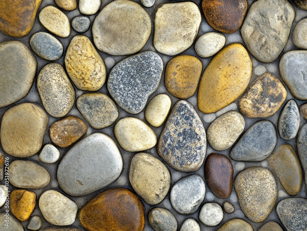 A close-up view of various smooth stones arranged in a natural pattern.