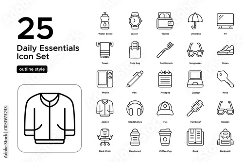 Daily Essentials Outline Icon Set: Groceries, Cleaning Supplies, and Home Care Icons