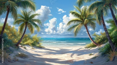 Tropical beach scene featuring palm trees and a serene sea backdrop