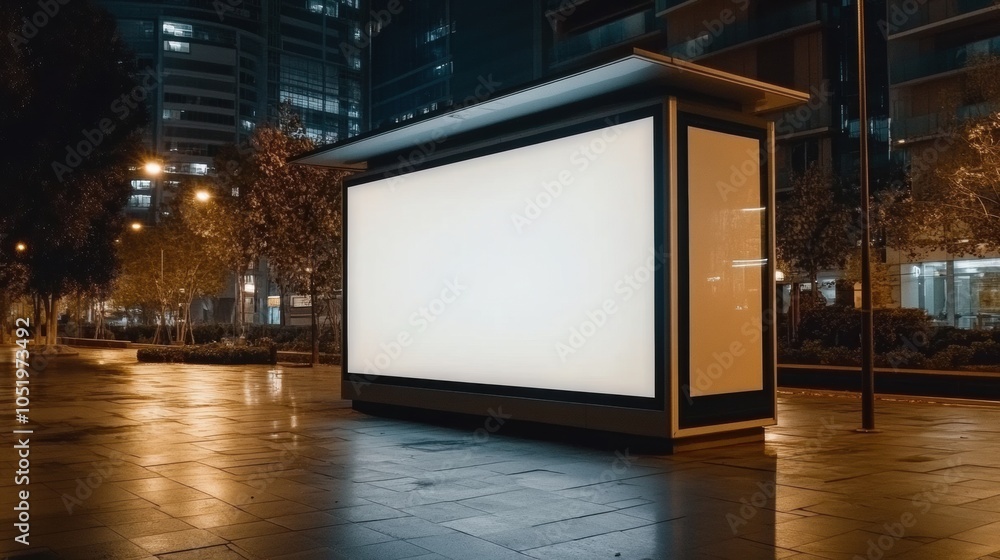 Illuminated billboard in a cityscape at night, surrounded by modern buildings, AI Illuminated billboard in a cityscape at night, surrounded by modern buildings, AI