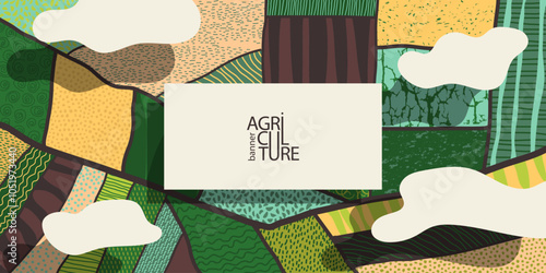 Agriculture field pattern banner, aerial view. Countryside grassland, farm land from top. Agriculture farmland patches, padded mosaic country background, natural patchwork texture