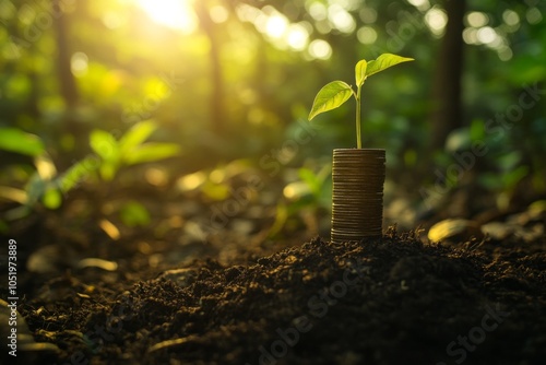 Wallpaper Mural New Beginnings: A Green Sprout Growing from a Stack of Coins in Lush Nature, Symbolizing Financial Growth and Sustainable Investment Opportunities Torontodigital.ca