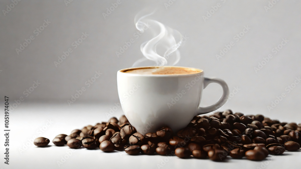 A steaming cup of coffee surrounded by scattered coffee beans. A steaming cup of coffee surrounded by scattered coffee beans.