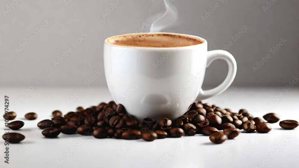 Obraz premium A steaming cup of coffee surrounded by scattered coffee beans.