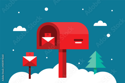 Classic Red Mailbox in a Snowy Landscape with a Letter