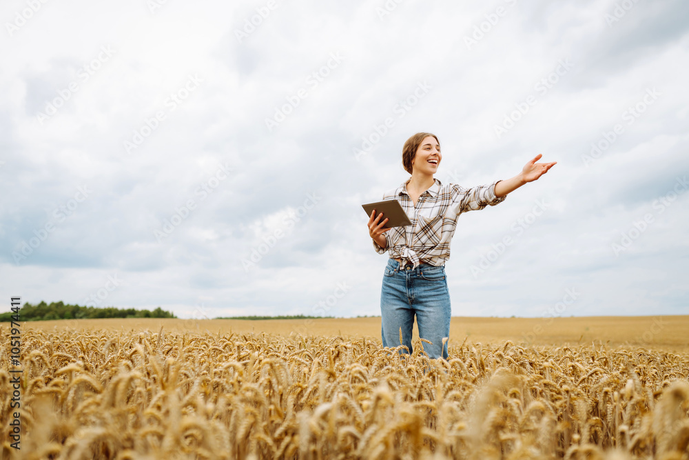 Smart farm. Growth dynamics. Young Female farmer with tablet in the field. Smart farm. Growth dynamics. Young Female farmer with tablet in the field.