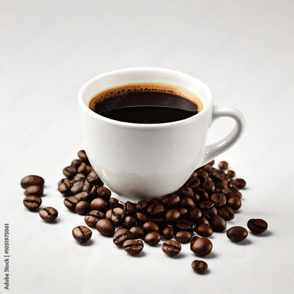 A steaming cup of coffee surrounded by scattered coffee beans. A steaming cup of coffee surrounded by scattered coffee beans.