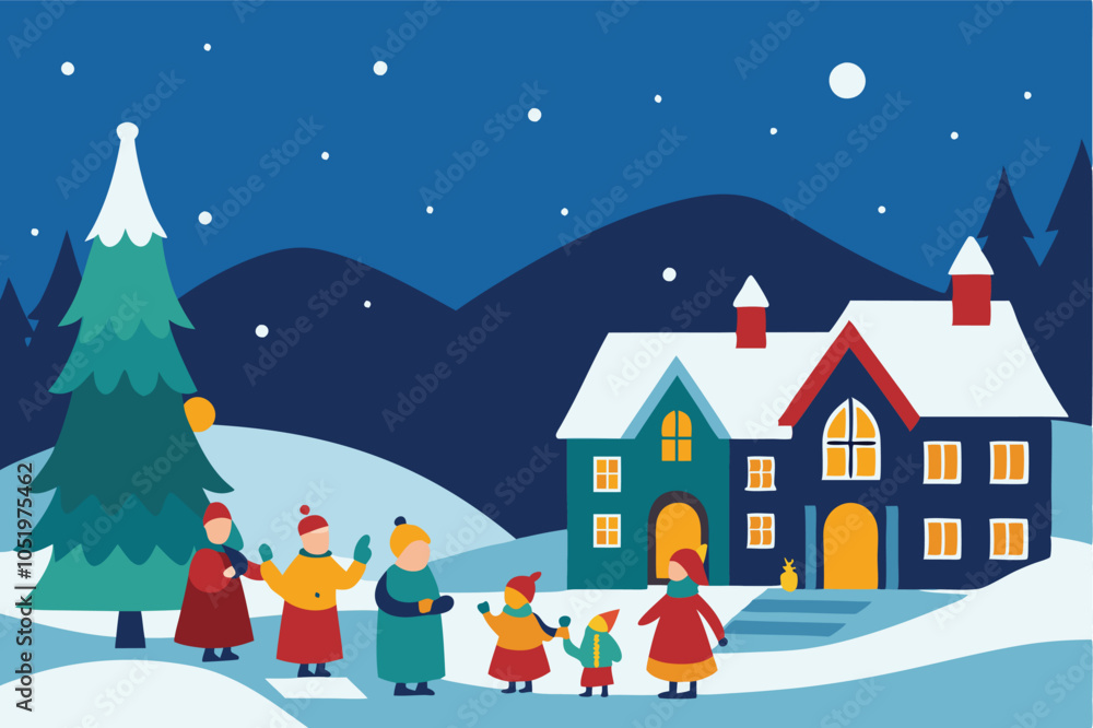 Quaint Snow-Dusted Village with Christmas Carolers: A Festive Winter Scene Quaint Snow-Dusted Village with Christmas Carolers: A Festive Winter Scene