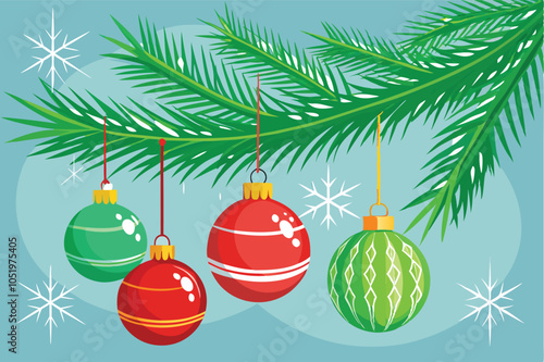 Festive Red and Green Ornaments Hanging on a Frosty Pine Branch