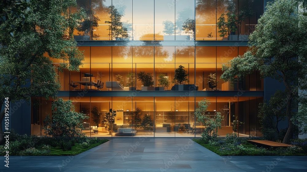 Obraz premium Eco-friendly building in the modern city. Sustainable glass office building with tree for reducing carbon dioxide. Office building with green environment. Corporate building reduce CO2.