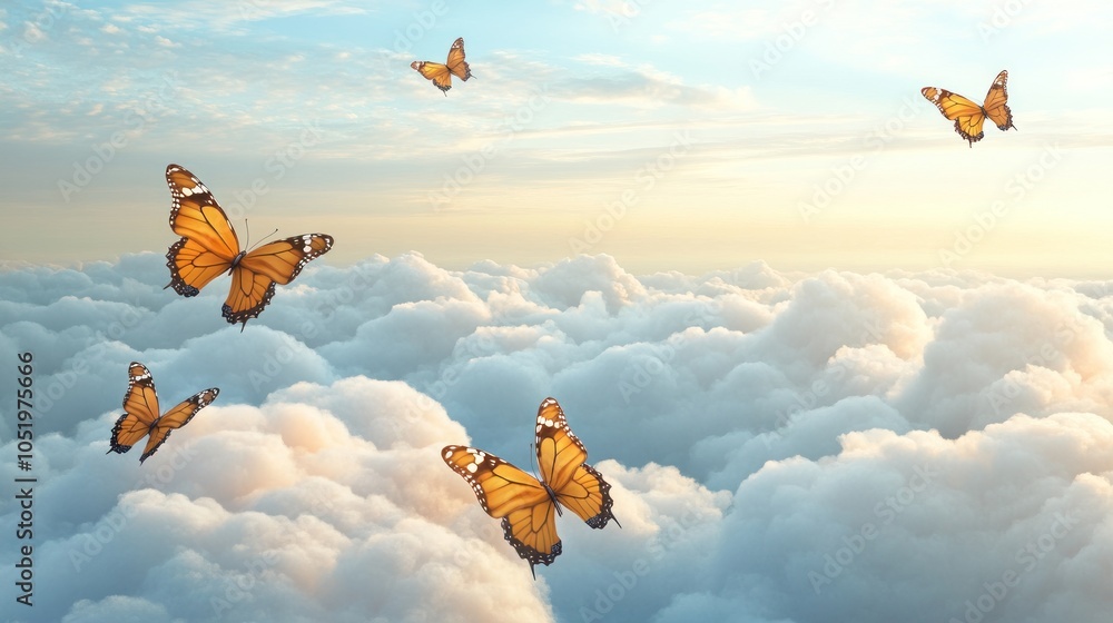 Naklejka premium A serene scene of butterflies flying above fluffy clouds at sunset.