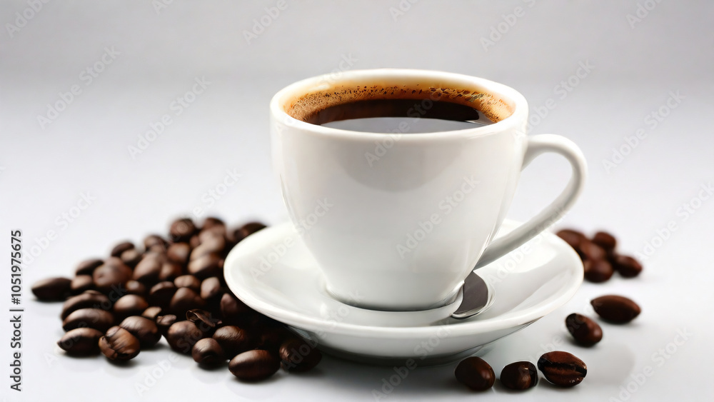 A steaming cup of coffee surrounded by scattered coffee beans. A steaming cup of coffee surrounded by scattered coffee beans.