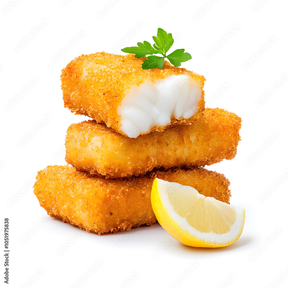 Golden fish fingers, fish sticks isolated on white background Golden fish fingers, fish sticks isolated on white background