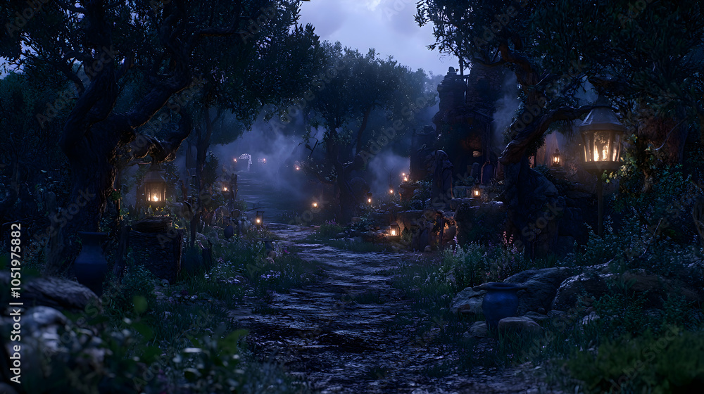 Obraz premium A winding path leads through a mystical forest village at night, lit by lanterns.