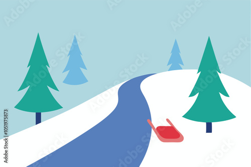 Winter Wonderland: Sled Resting by a Snowy Path Lined with Trees