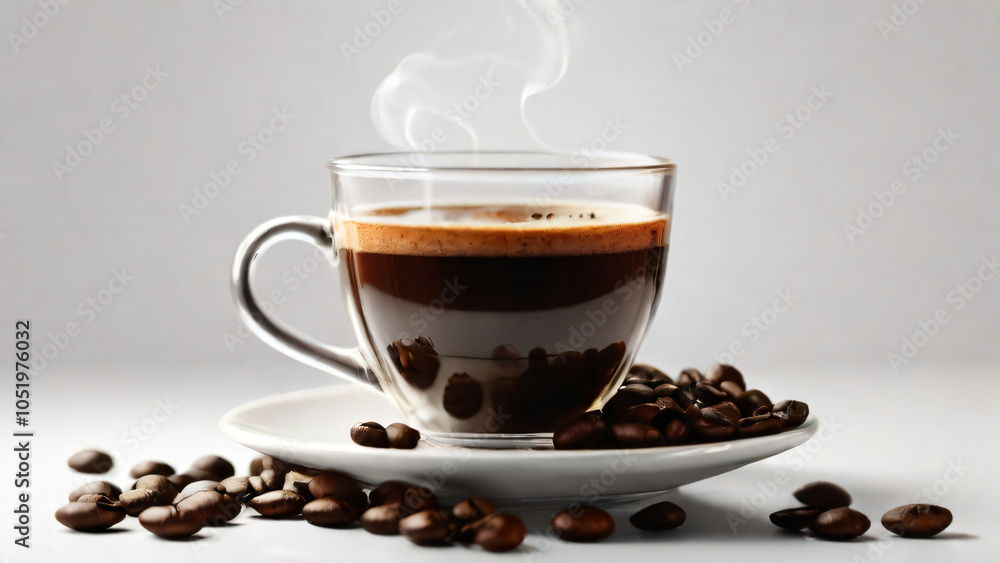 A steaming cup of coffee surrounded by scattered coffee beans. A steaming cup of coffee surrounded by scattered coffee beans.