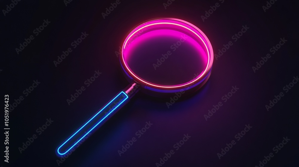Isometric view of a neon magnifying glass floating against a dark background. AI generated illustration Isometric view of a neon magnifying glass floating against a dark background. AI generated illustration