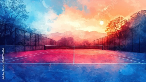 Creative pastel concept of a tennis court with drawn lines. It's time for sports and recreation, Healthy body. Illustration. Generative AI. photo