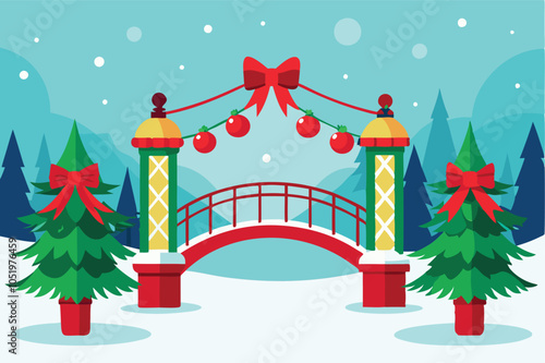 Snowy Bridge Adorned with Festive Red Bows and Evergreen Garland for a Winter Wonderland Scene