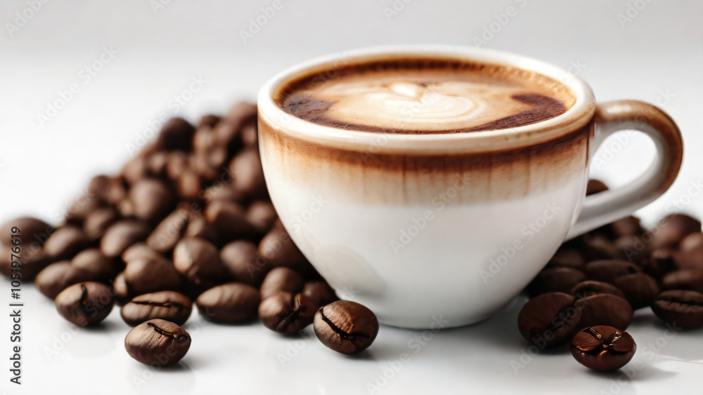 Obraz premium A steaming cup of coffee surrounded by scattered coffee beans.