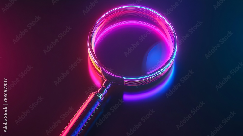 Isometric view of a neon magnifying glass floating against a dark background. AI generated illustration Isometric view of a neon magnifying glass floating against a dark background. AI generated illustration