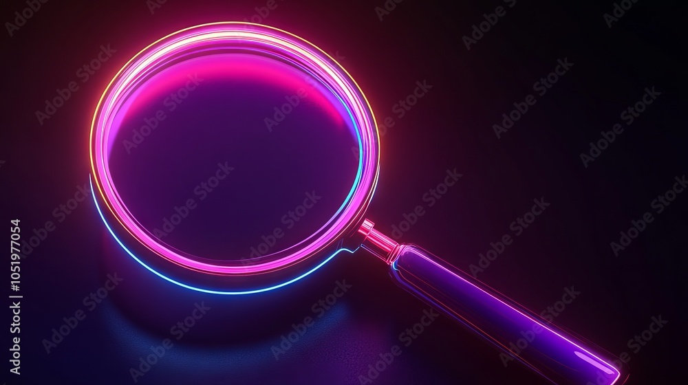 Isometric view of a neon magnifying glass floating against a dark background. AI generated illustration Isometric view of a neon magnifying glass floating against a dark background. AI generated illustration