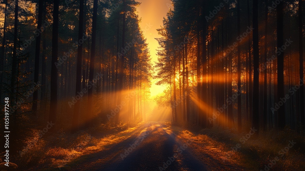 Obraz premium Golden Light Through Forest Trees and Path