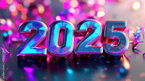 gradient 3D text "2025" against a festive background