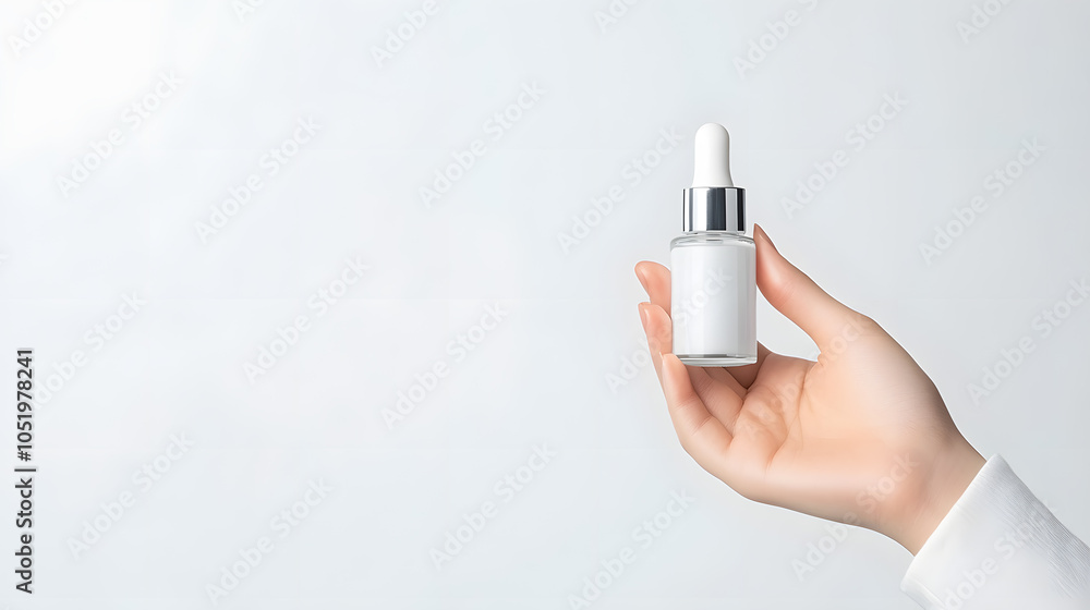 Closeup hand holding a bottle of serum mock up isolated on white background