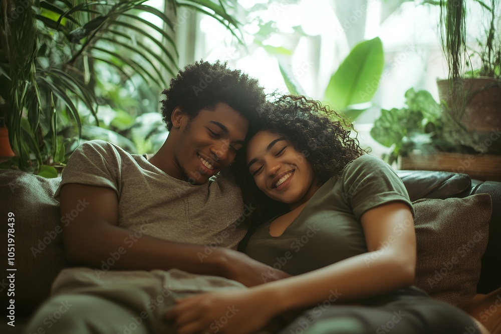 Fototapeta premium 寄り添いリラックスするカップル | Relaxed Couple Cuddling on Cozy Couch 