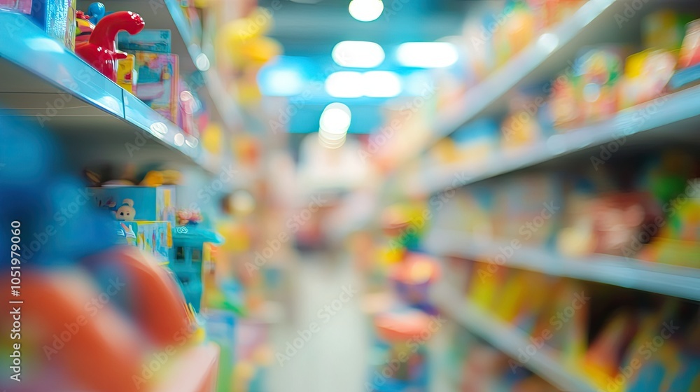 Fototapeta premium A blurred background of a bustling department store toy section, showcasing shelves and colorful toys with a soft, out-of-focus effect.