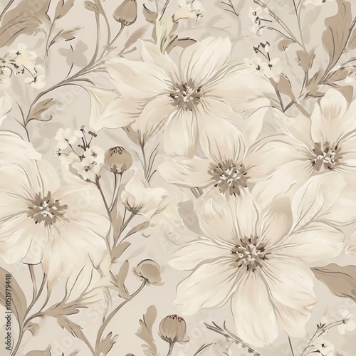 Seamless Delicate Floral Pattern in Soft Cream and Gray-Brown Tones with Small Wildflowers