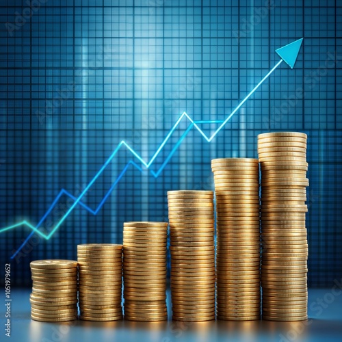 Money business financial graph diagram of coin. Financial growth data or investment market profit bar and success report.Saving money concept.Stack of coins with trading price graph growth.