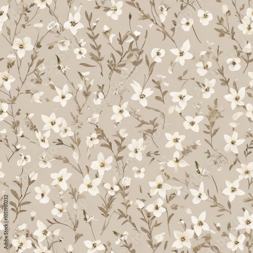 Seamless Delicate Floral Pattern in Soft Cream and Gray-Brown Tones with Small Wildflowers