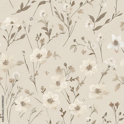 Seamless Delicate Floral Pattern in Soft Cream and Gray-Brown Tones with Small Wildflowers