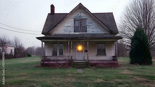 An old, weathered house with a single lit window, standing alone on a grassy field. photo