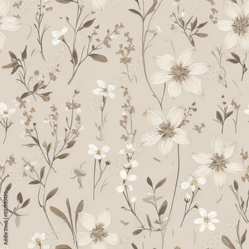 Seamless Delicate Floral Pattern in Soft Cream and Gray-Brown Tones with Small Wildflowers