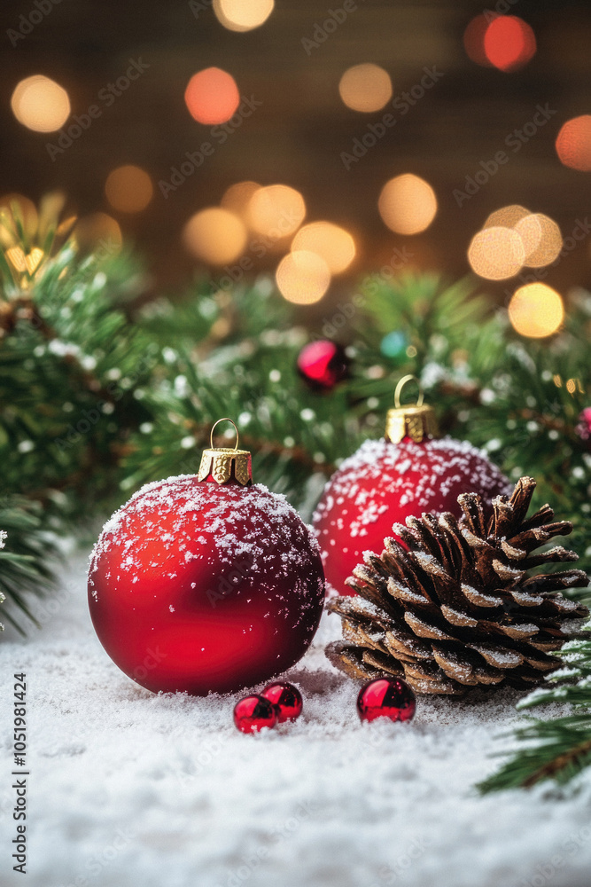 Two red Christmas ornaments with snow on them are sitting on a table. A pine cone is also on the table Two red Christmas ornaments with snow on them are sitting on a table. A pine cone is also on the table