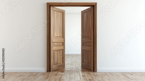 opened wooden door to modern living room interior 