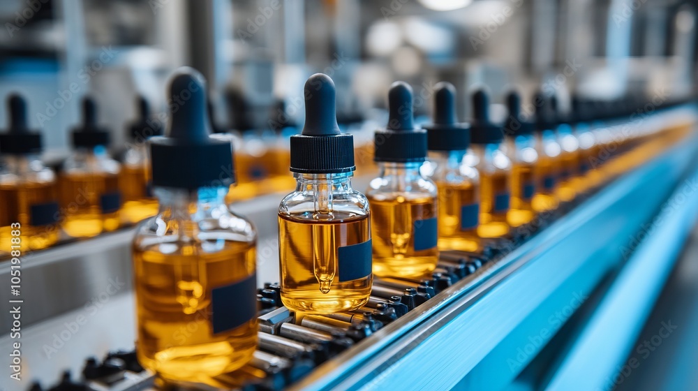 VFTA e-liquid production on a factory floor with various glass bottles on a conveyor belt. AI generated illustration VFTA e-liquid production on a factory floor with various glass bottles on a conveyor belt. AI generated illustration