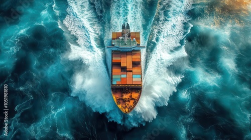 aerial view of a container cargo ship navigating through azure waters, with vibrant waves and a contrasting ship design, showcasing the scale and efficiency of global trade and transport