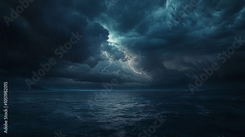 Approaching storm over the vast sea with dark clouds and lightning. AI generated illustration