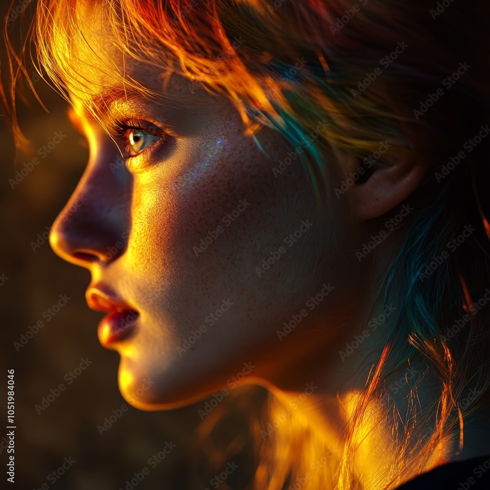 Captivating portrait of a young woman with vividly colored hair illuminated by warm light in a beautiful setting Captivating portrait of a young woman with vividly colored hair illuminated by warm light in a beautiful setting