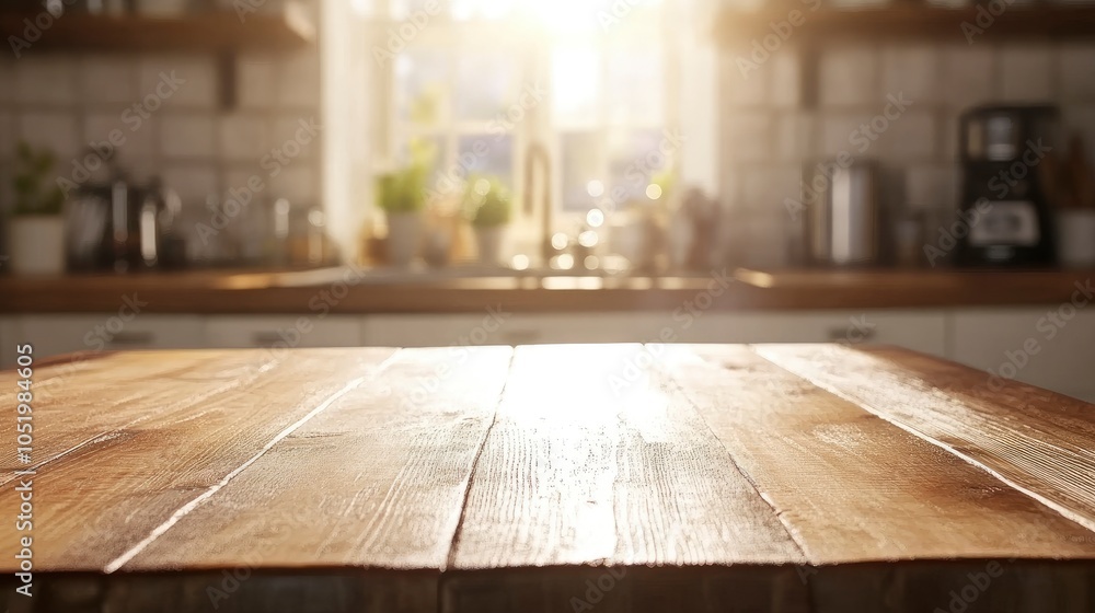 Selective focus.Wood table top on blur kitchen counter background.For montage product display or design key visual layout Selective focus.Wood table top on blur kitchen counter background.For montage product display or design key visual layout