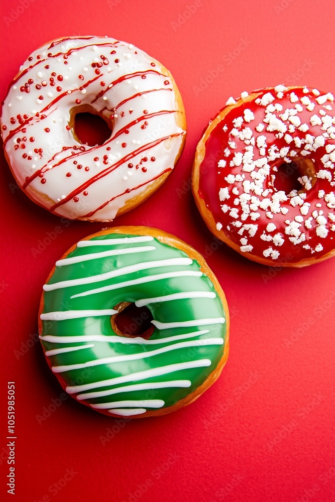 top view on donuts with green red and white stripe glaze on a red solid color background top view on donuts with green red and white stripe glaze on a red solid color background