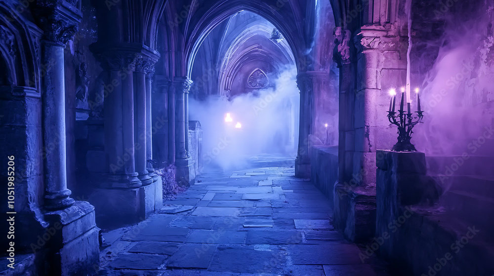 Fototapeta premium Enchanted Gothic Crypt with Magical Lights and Mist